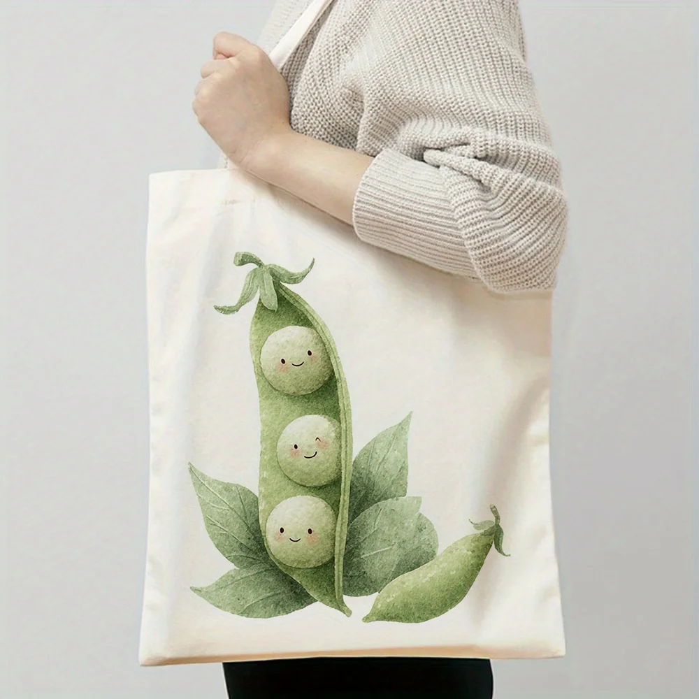 1pc of 2D Flat Printing Featuring an Adorable Pea Pod And Garden Tote Bag - a Reusable Grocery Bag Adorned with Green Beans And view 4