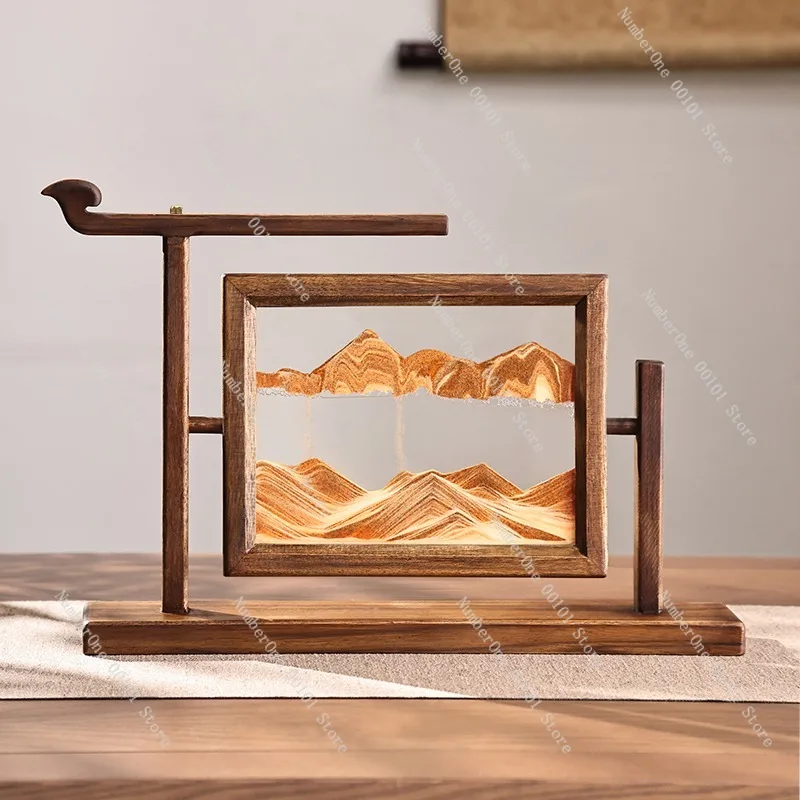 Solid Wood Sand Hourglass Moving Sand Art Decor New Chinese Style Desktop Ornament for Office Living Room Zen Inspired Sculpture