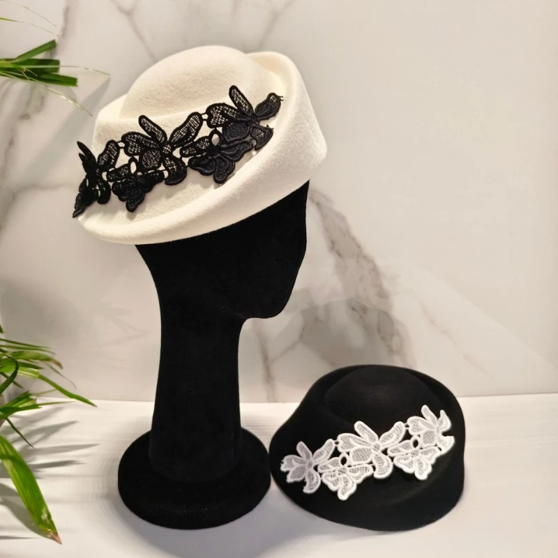 French Short Brimmed Ruffled Lace Flower Wool Beret Hat Stylish Elegant Evening Party Small Hat Retro Flight Attendant Hat