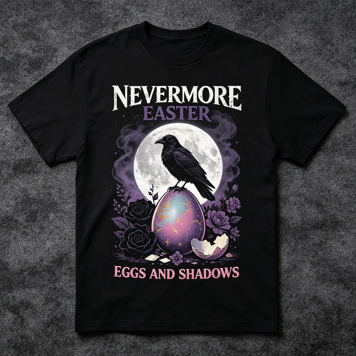 Nevermore Easter Eggs And Shadows Gothic Raven Graphic T‑Shirt Spooky Dark Easter Full Moon Floral Print Unisex Cotton Streetwear Short Sleeve Tops for Men Women Alternative Easter Holiday Gift