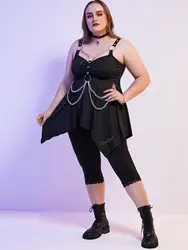 Plus Size Gothic O Ring Chains Tank Top Black Punk Soft Handkerchief Vest Women Summer Sweetheart Neck Sleeveless Top 4X