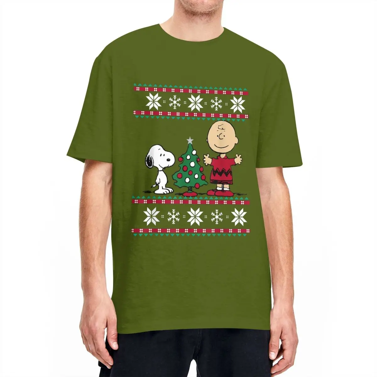 Men Women\'s T-Shirts Peanuts Snoopy And Charlie Christmas Tree 100% Cotton Tees Short Sleeve T Shirts Round Collar Tops Party