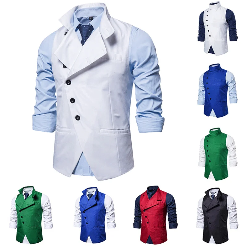 2023 New Men's Vest Lapel Single Breasted Solid Pocket sleeveless Decoration Casual Loose Fashion Male Suit Jacket