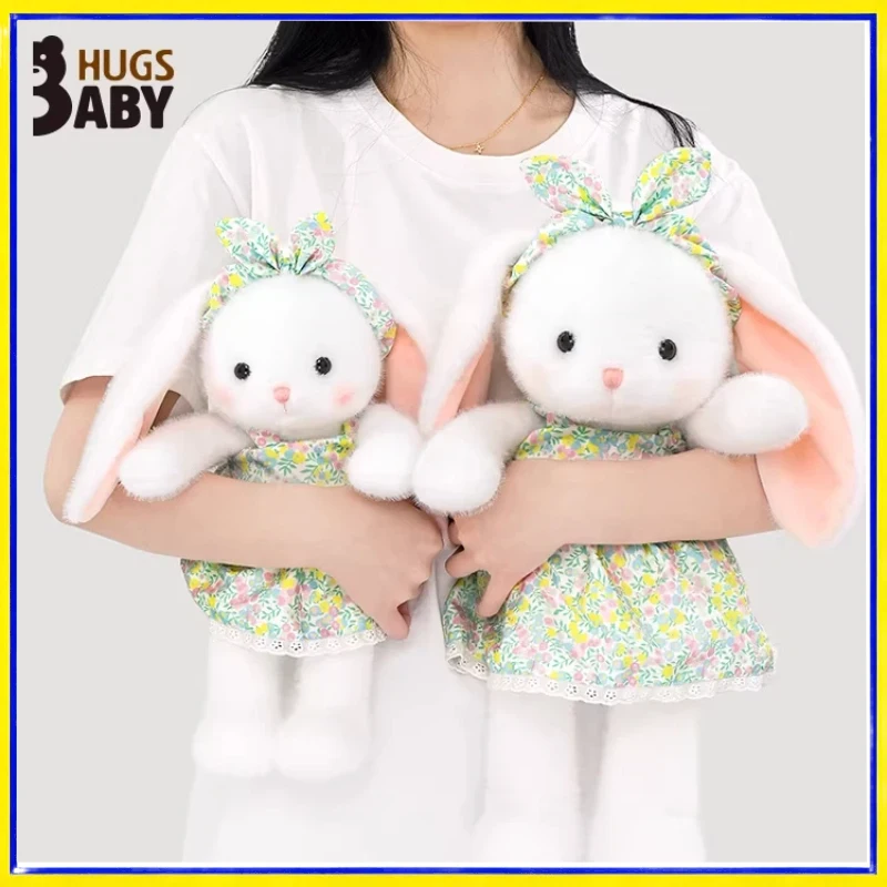 

Hugs Baby Long Ear Rabbit Plush Toy Soft Stuffed Bunny With Floral Dress Headband Cute Cuddle Pillow For Girls Birthday Gift
