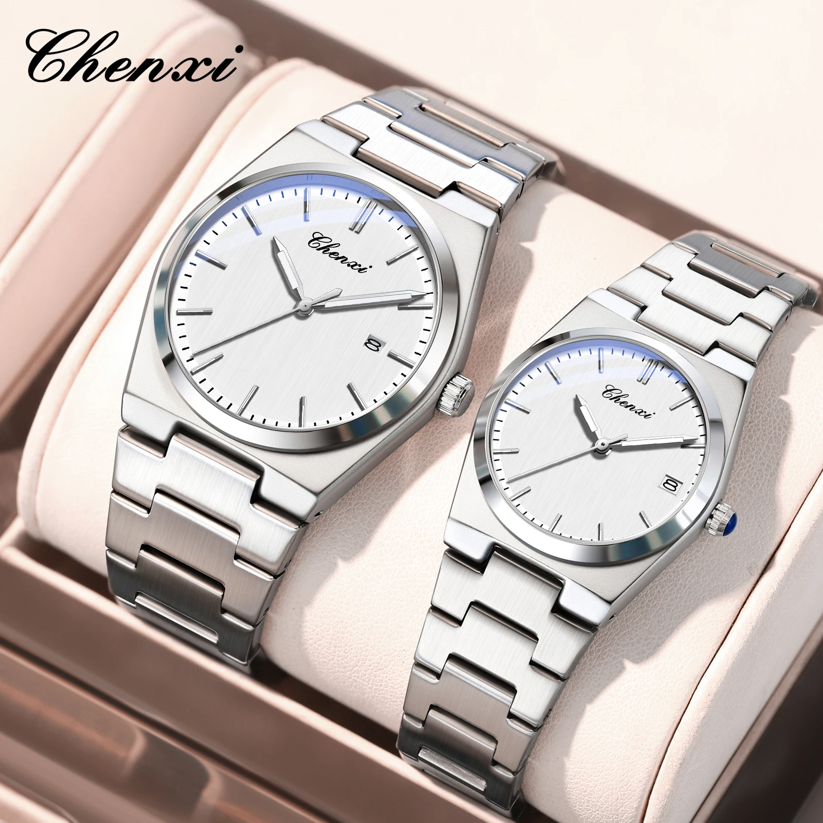 Luxury Fashion Couple Watches Water-Resistant Date Display Stainless Steel Bracelet Quartz Wristwatch Valentine's Day Gift