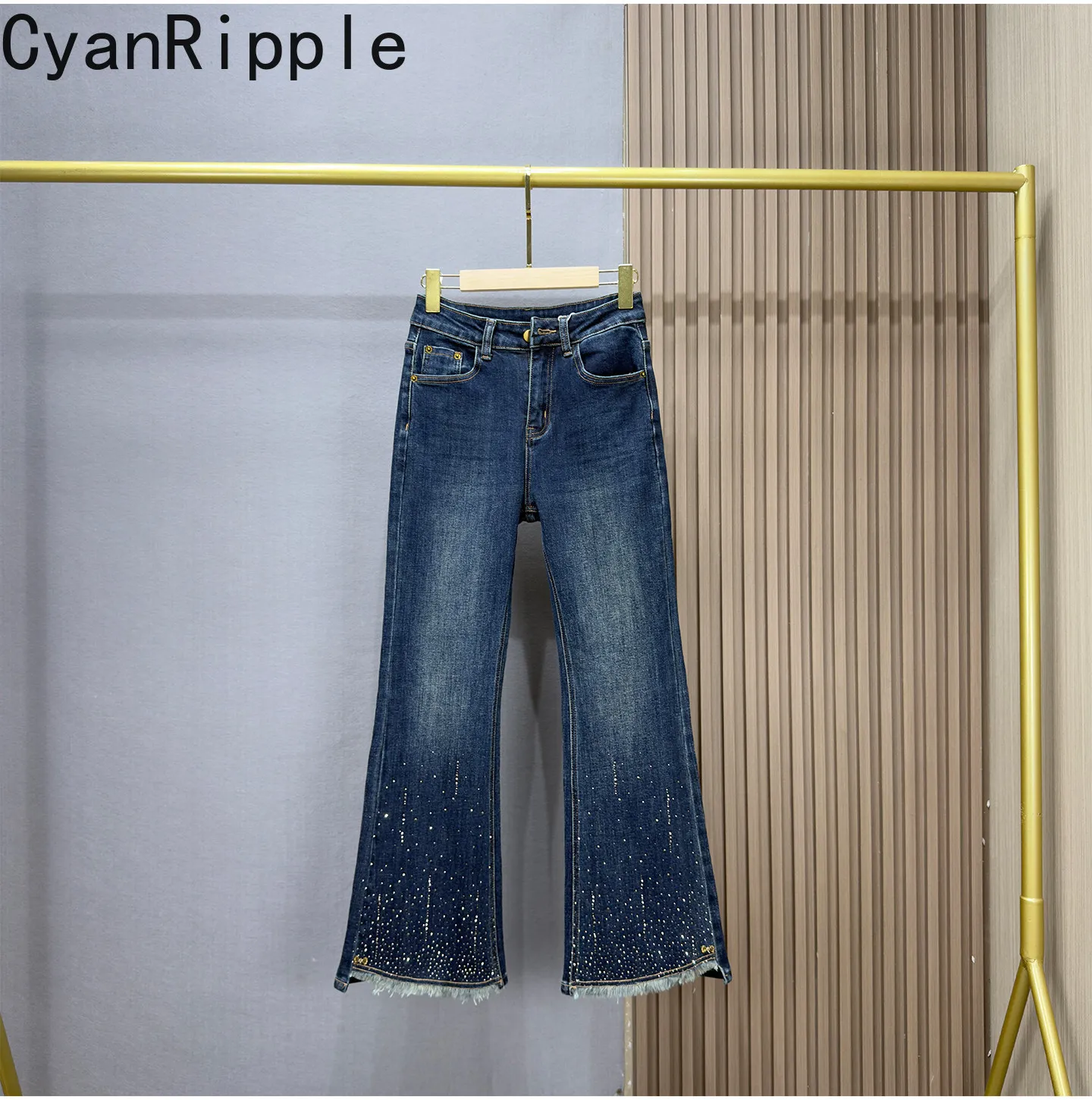 Fashionable Tassel Hot Diamonds Flare Jeans for Women 2026 New Autumn All-match High Waist Stretch Slimming Vintage Denim Pants