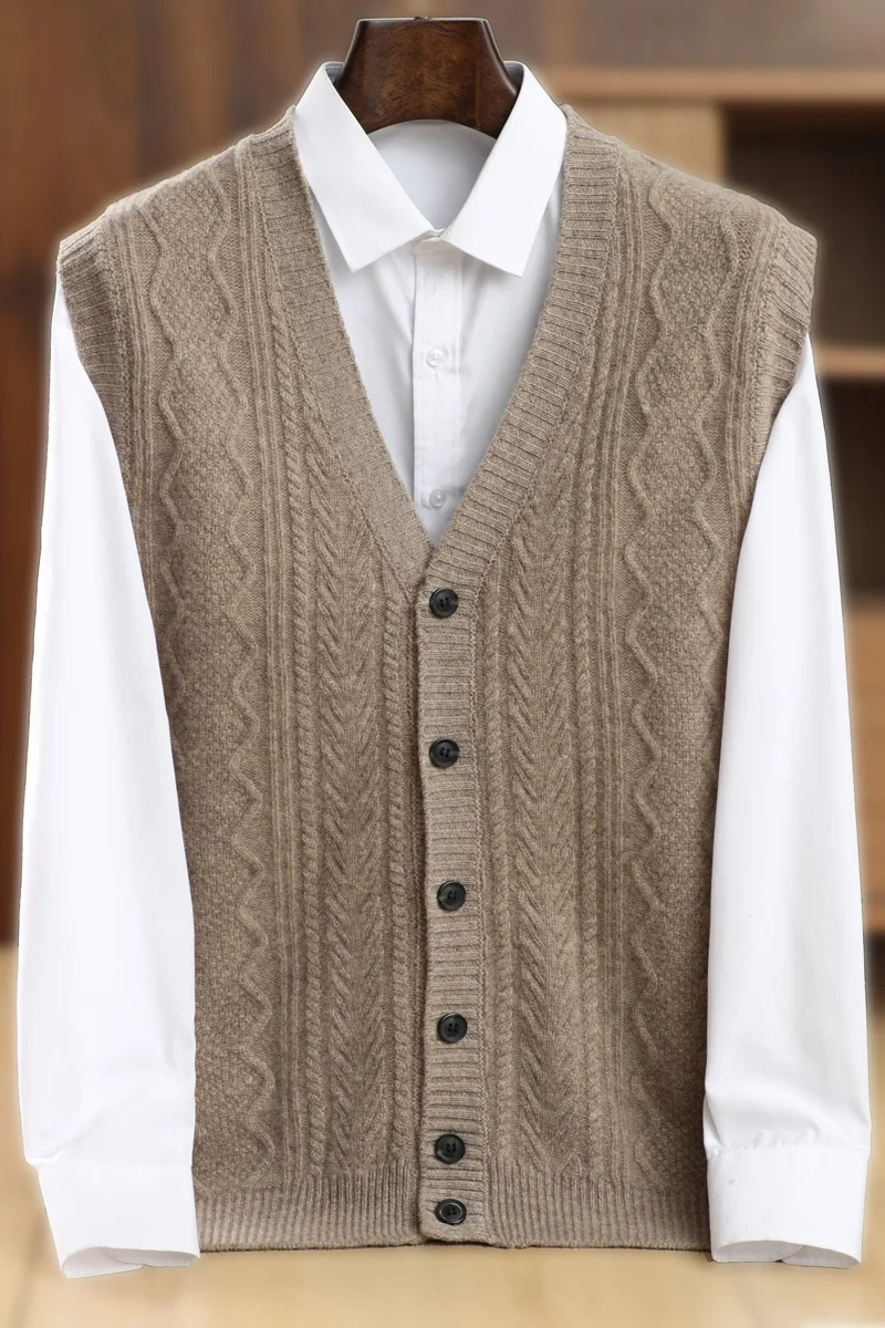 

New Fashion Men's V-Neck Cardigan Autumn Winter 100% Merino Wool Knitwear Button Waistcoat Twist Flower Casual Thick Top