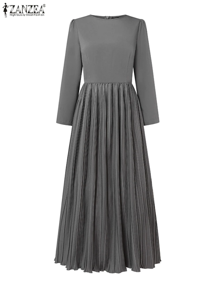 ZANZEA Autumn Fashion Long Sleeve Party Work Dress Women 2024 Pleated Maxi Dresses Stylish Casual Patchwork Sundress Long Robe