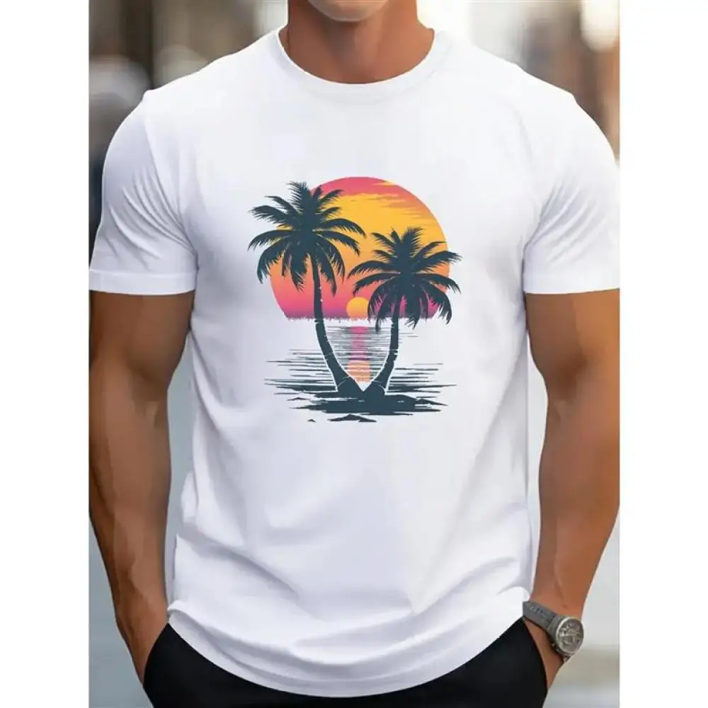 Casual Mens Cotton Tee Shirt Tropical Sunset Graphic Summer Loose Crew Neck Tops Short Sleeve Breathable Street Style