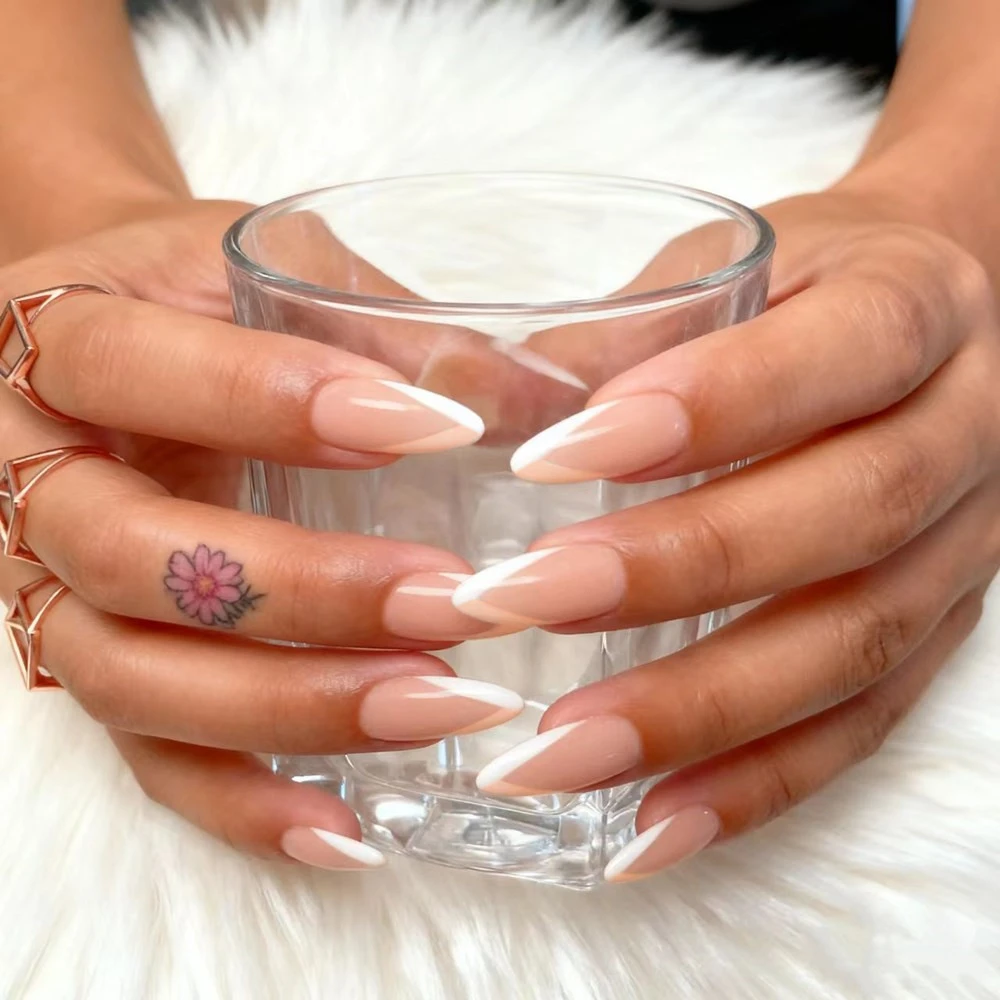 24Pcs V Shape Acrylic Press On False Nails Natural French Short Stiletto Fake Nails With Glue Stickers DIY Manicure Fingertips