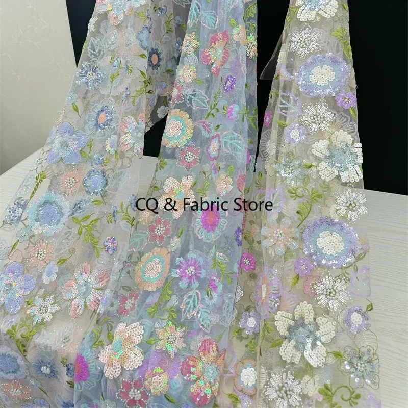 Tela de encaje de malla bordada con lentejuelas brillantes multicolores para vestidos de novia europeos y americanos, vestidos de novia Cheongsams