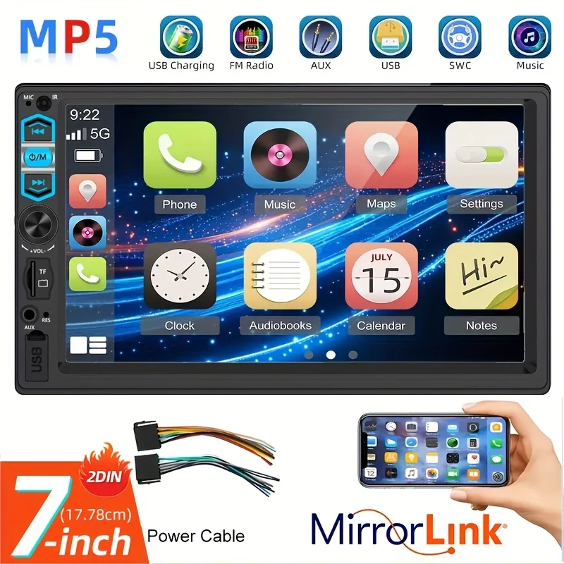 7inch 2Din Car Stereo with MirrorLink, MP5 Player, USB, TF Card Slot, FM, AUX Input - Universal Car Multimedia System