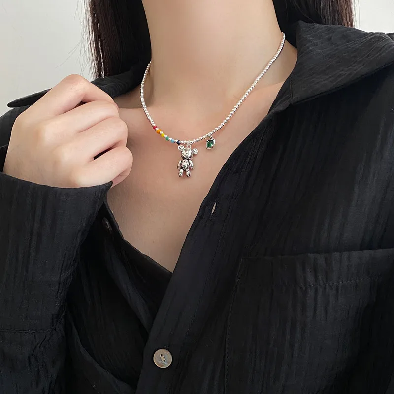 925 Silver Plated Colorful Round Bead Cute Animals Bear Charm Pendent Necklace For Women Jewelry Accessories sl208