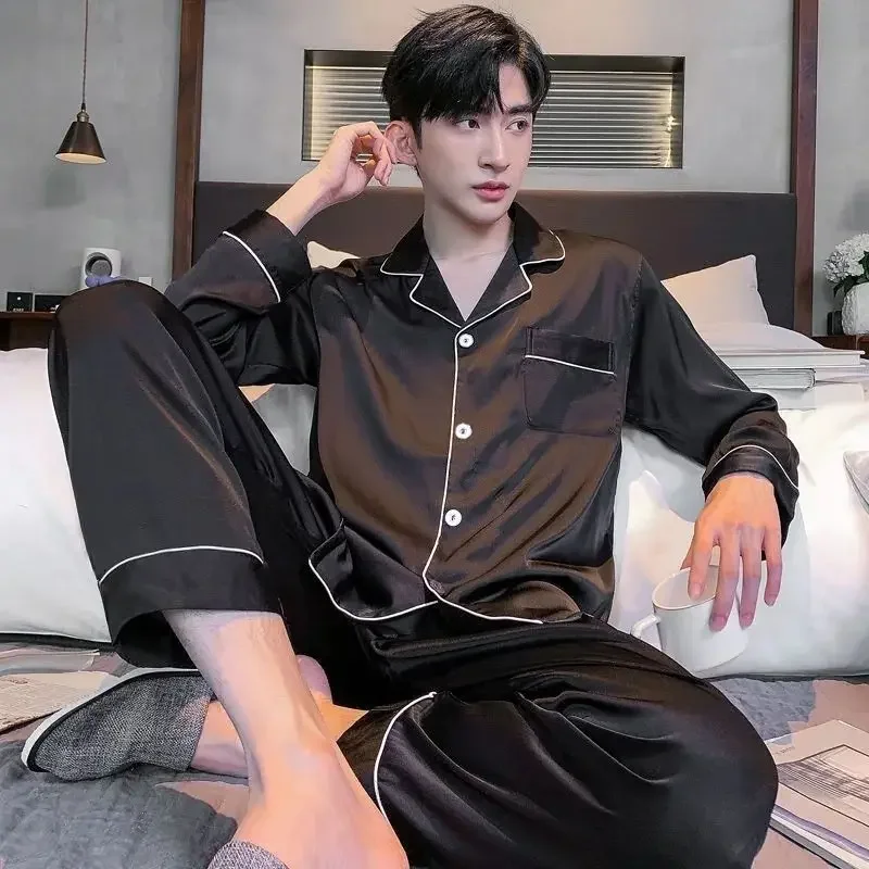 Spring Autumn Summer New Pajamas Long-sleeved Trousers Ice Silk Sense of Advanced Gentleman Silk Thin A Loungewear Set