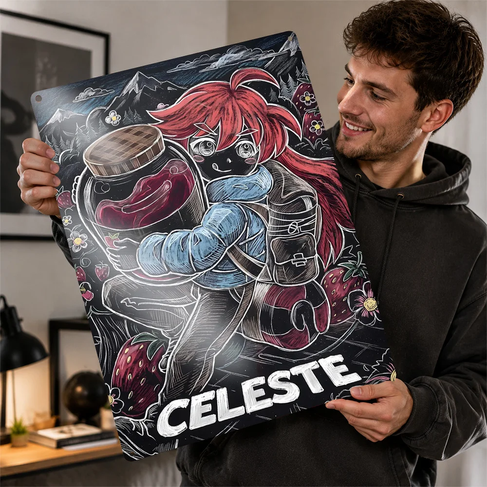 Celeste Strawberry Journey Printed Poster Personalized Aluminum Metal Sign Dark Realm Style Wall Art Appeals To Fantasy Gamers