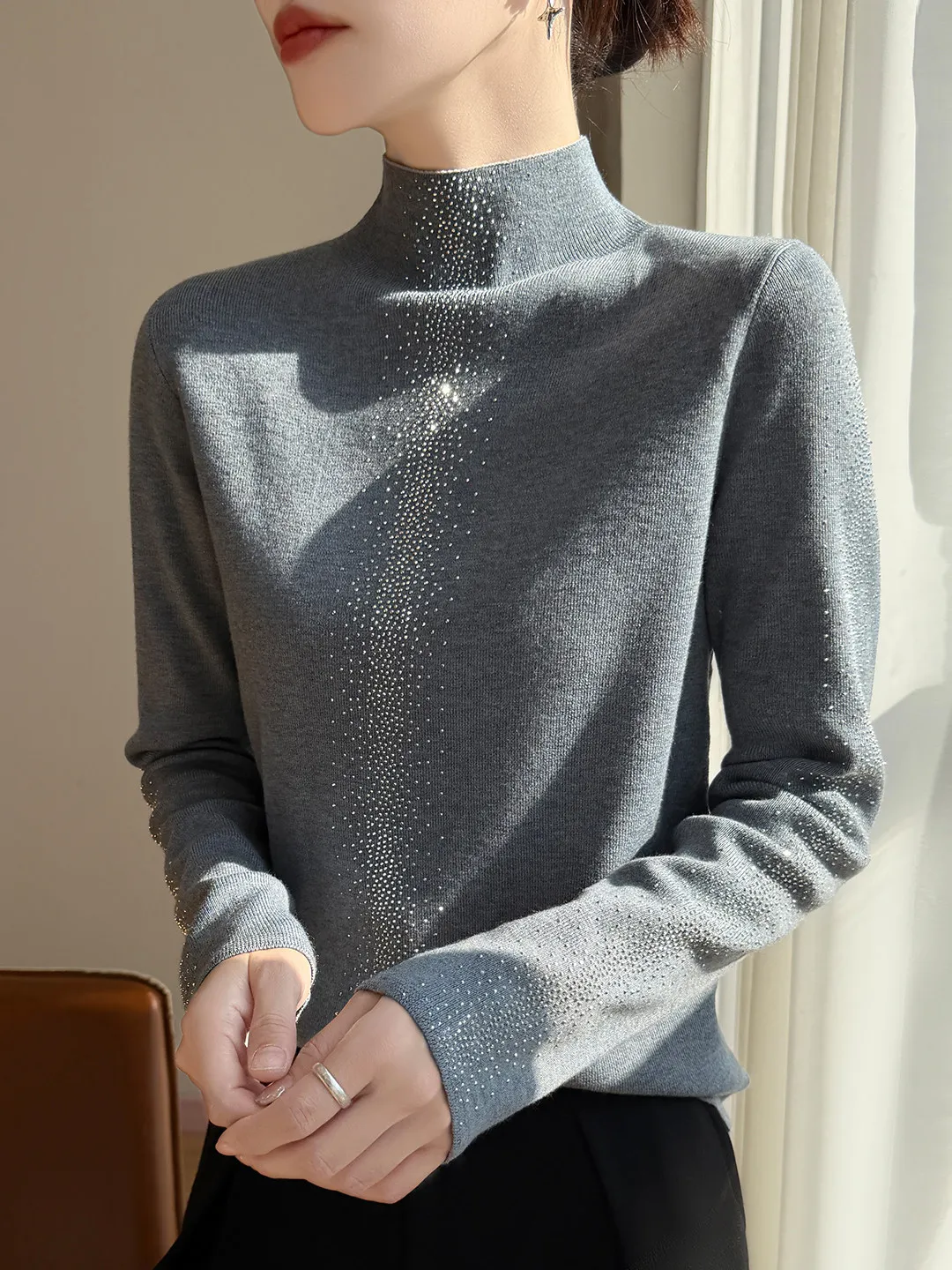 

mat Diamond Embellied f High Collar Sweater Women's Faionable Warm Base Layer Knitwear for Autumn Winter