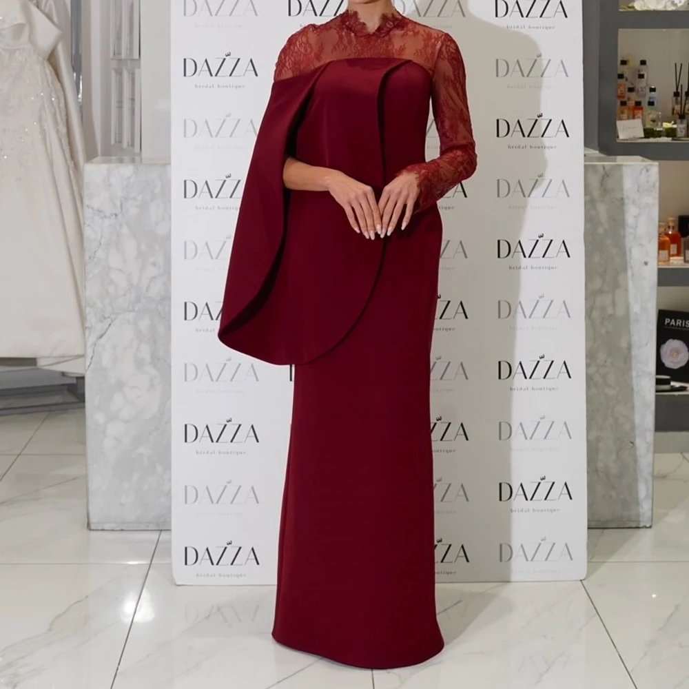 

Customized A-line Evening Dresses Floor-length High-neck Full Sleeve Prom Gown Simple Fashion Lace Draped Casual Party Gown