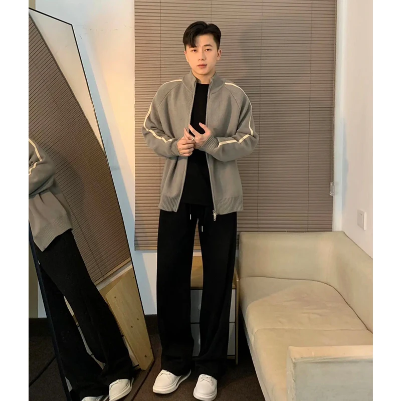 

Мужской осенне-зимний легкий вязаный кардиган в полоску с молнией, в американском ретро-стиле, свободного кроя