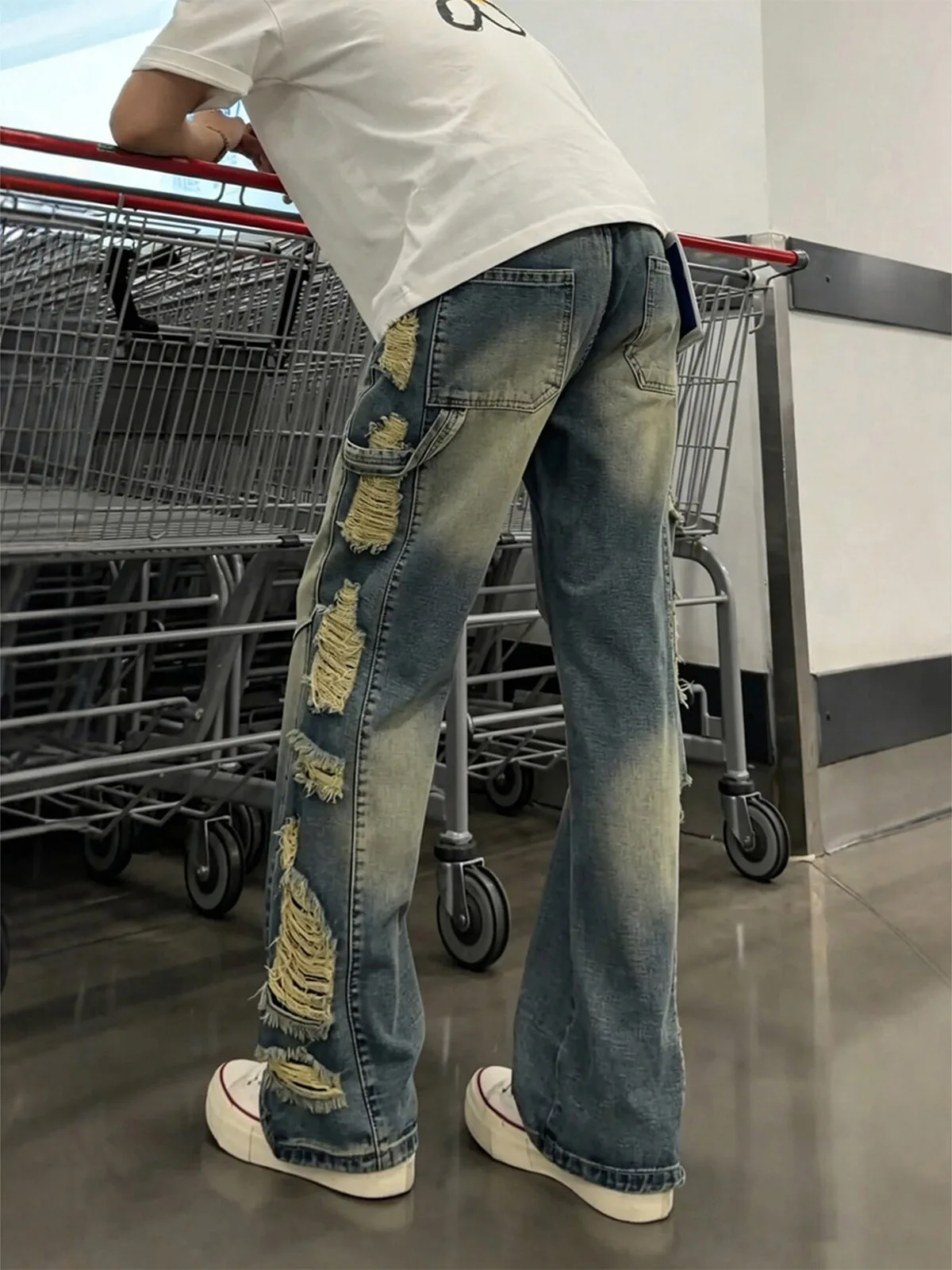 

Retro Blue Men's Denim Jeans Summer Cleanfit Knife Torn Hole Jeans Youth Design Loose Straight Leg Jeans Casual Wear