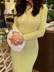 Fall Casual Knit Ribbed Bodycon Long Dress Simple Style Solid Color Long Sleeve O Neck Wrapped Pencil Dress Street Party