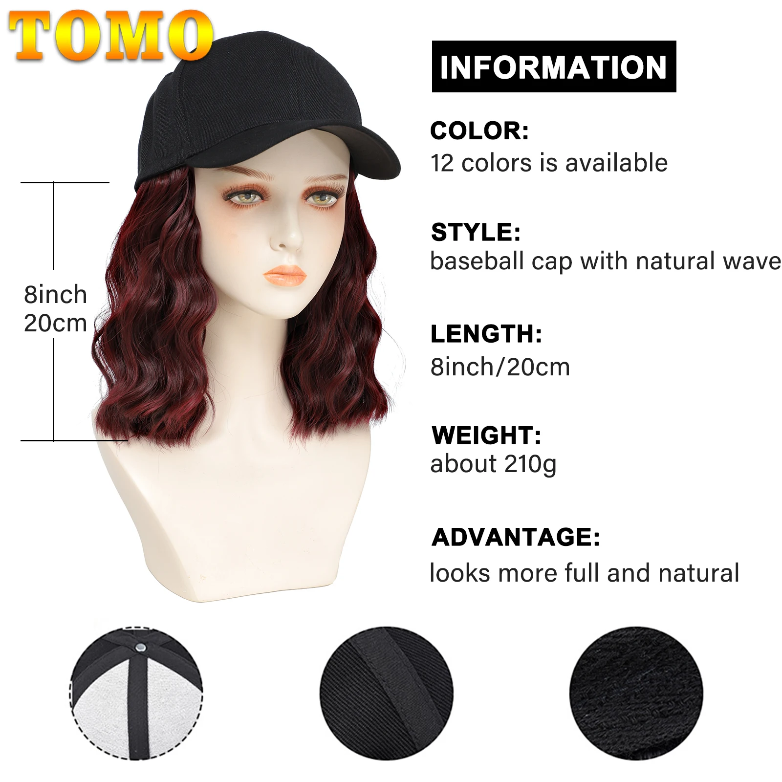 TOMO-Peluca de gorra de béisbol con pelo rizado, sombrero de baloncesto negro, extensiones de cabello ondulado para mujeres y niñas