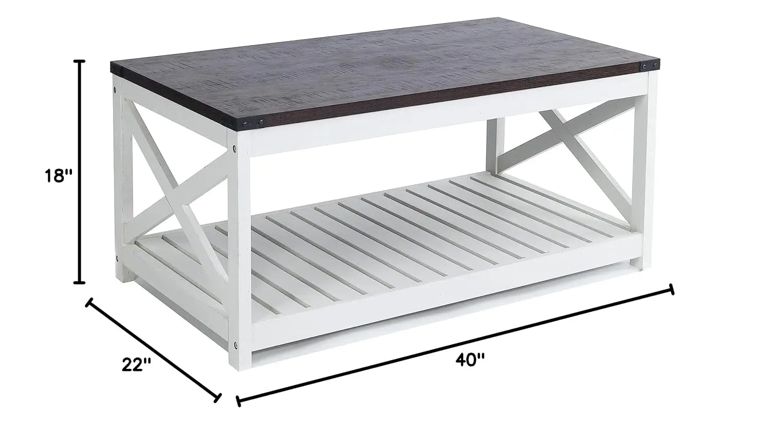 طاولة قهوة المزرعة مع رف شرائحي وحماية زاوية، 40 بوصة، أثاث غرفة عتيق باللون الأبيض/الإسبريسولينغ #2