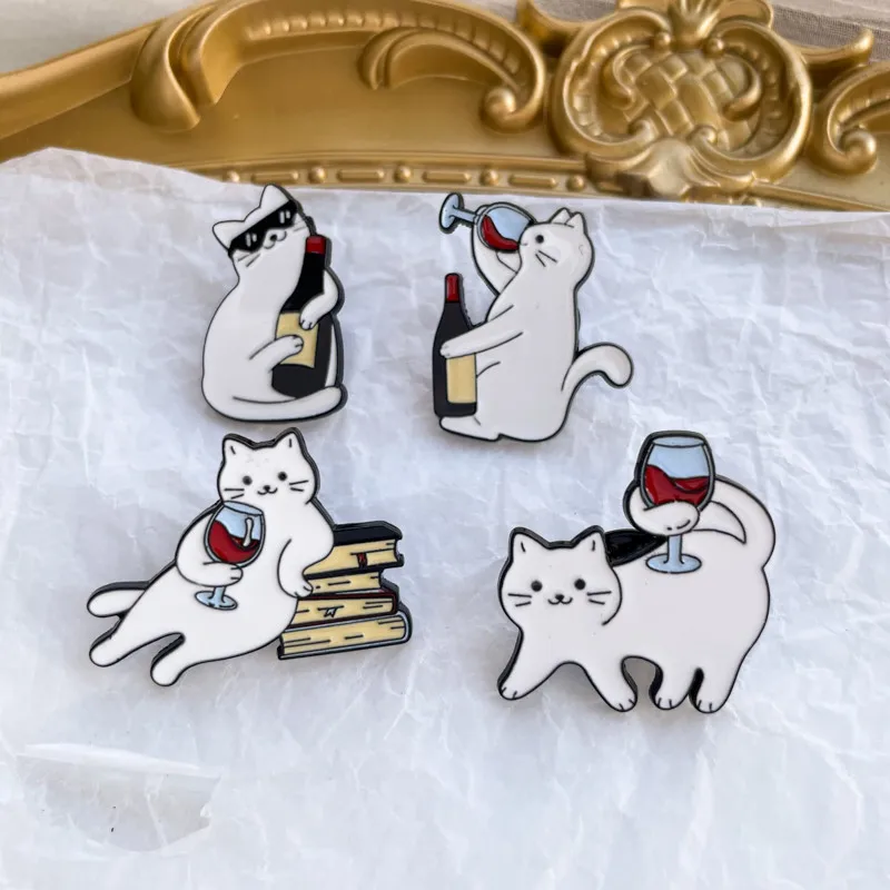 Funny Cartoon Cat Drink Red Wine Enamel Brooch Fashion Cute Kitty Lapel Badge Pins Jewelry Party Gift For Women Girls