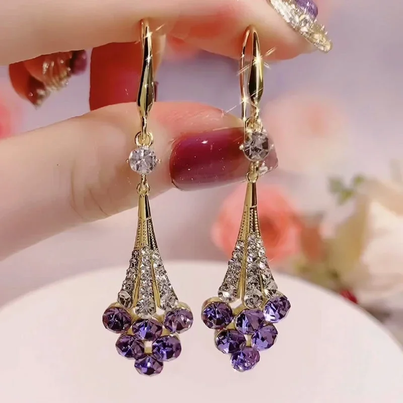 New Unique Design Hollow Rhinestone Long Pendant Gold Color Ear Hooks for Women Elegant Exquisite Girls Party Trend Jewelry Gift