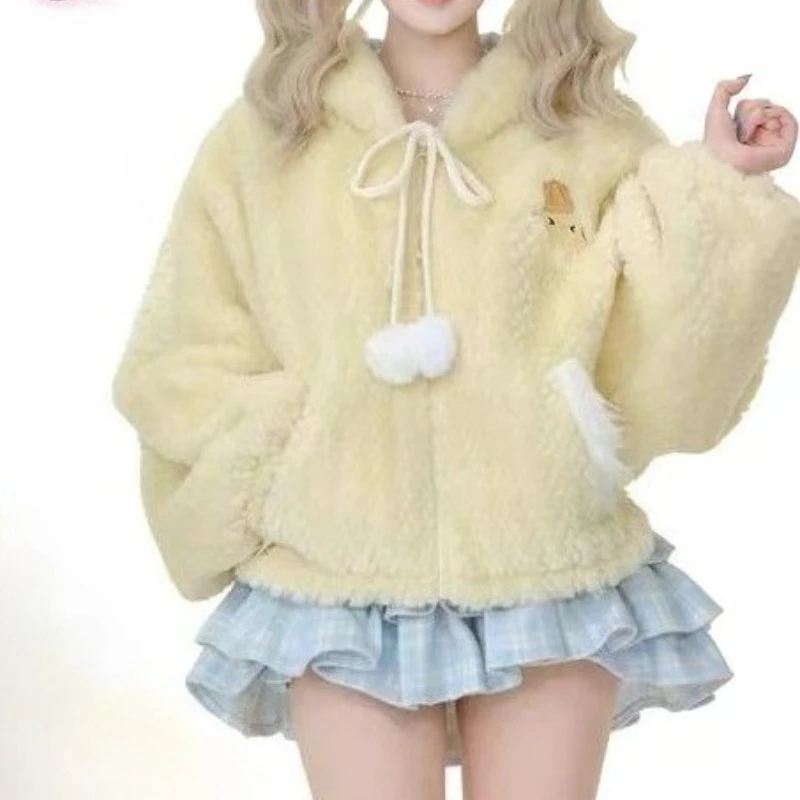 Doce lolita estilo 2 peça define feminino kawaii bola de pelúcia quente casaco com capuz xadrez mini bolo saias terno outono inverno y2k outfits