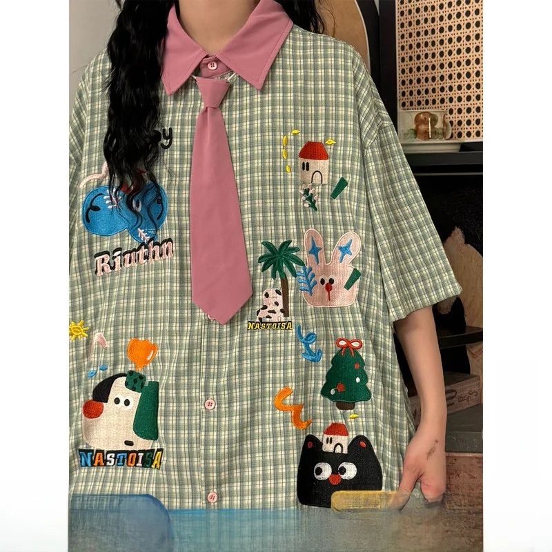 

UATONLINE2026 American Retro Dog Embroidery Plaid Short Sleeve Shirt Trendy Casual Unisex Streetwear Summer Fashion