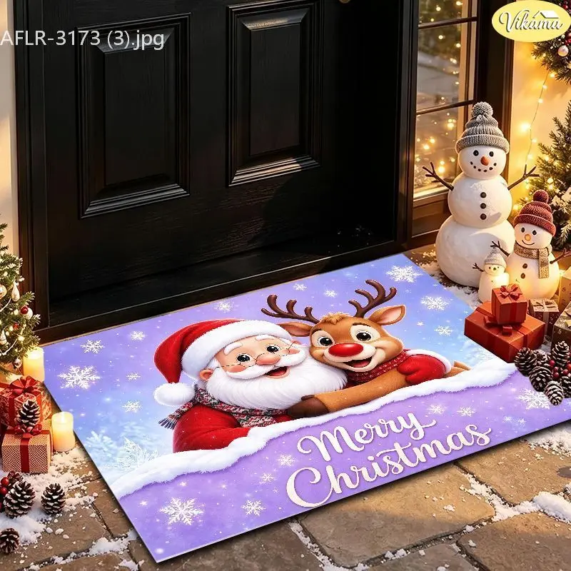 VIKAMA Zebra Stripe HO HO HO Entryway Rug Non Slip Low Profile Mats for Outside Front Door Xmas Holiday Decor Washable