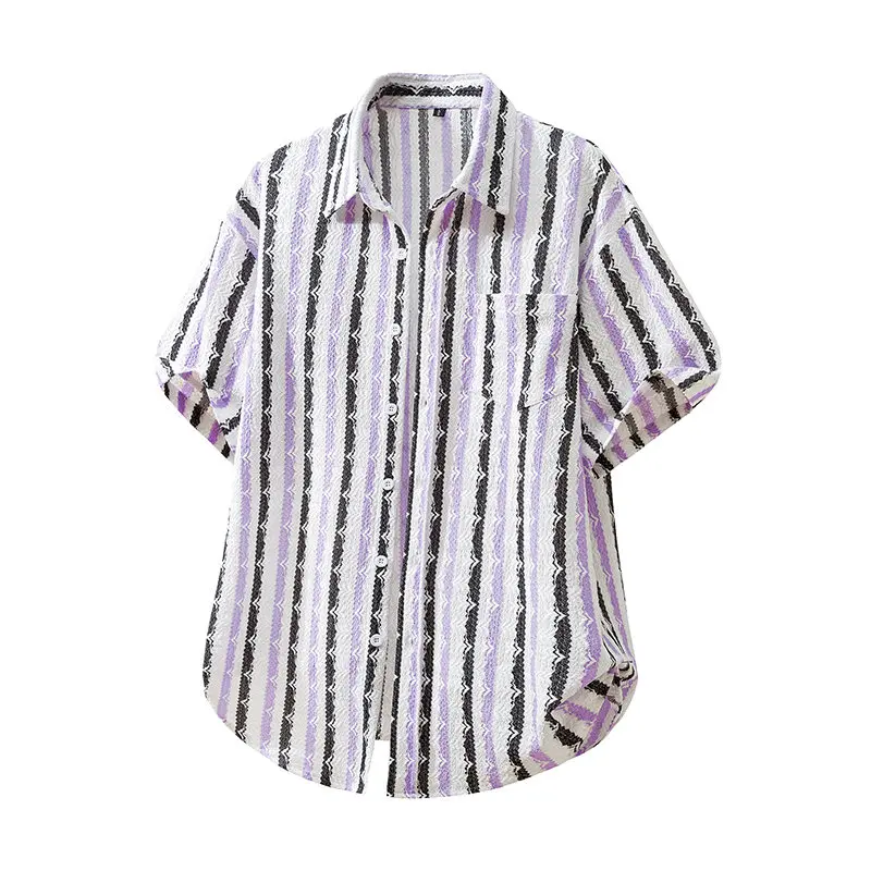 New Summer Men's Fashion Knitted Striped Short Sleeve Hawaiian Shirt Casual Pocket Beach Holiday Shirts Stylish Mens Basic Shirt