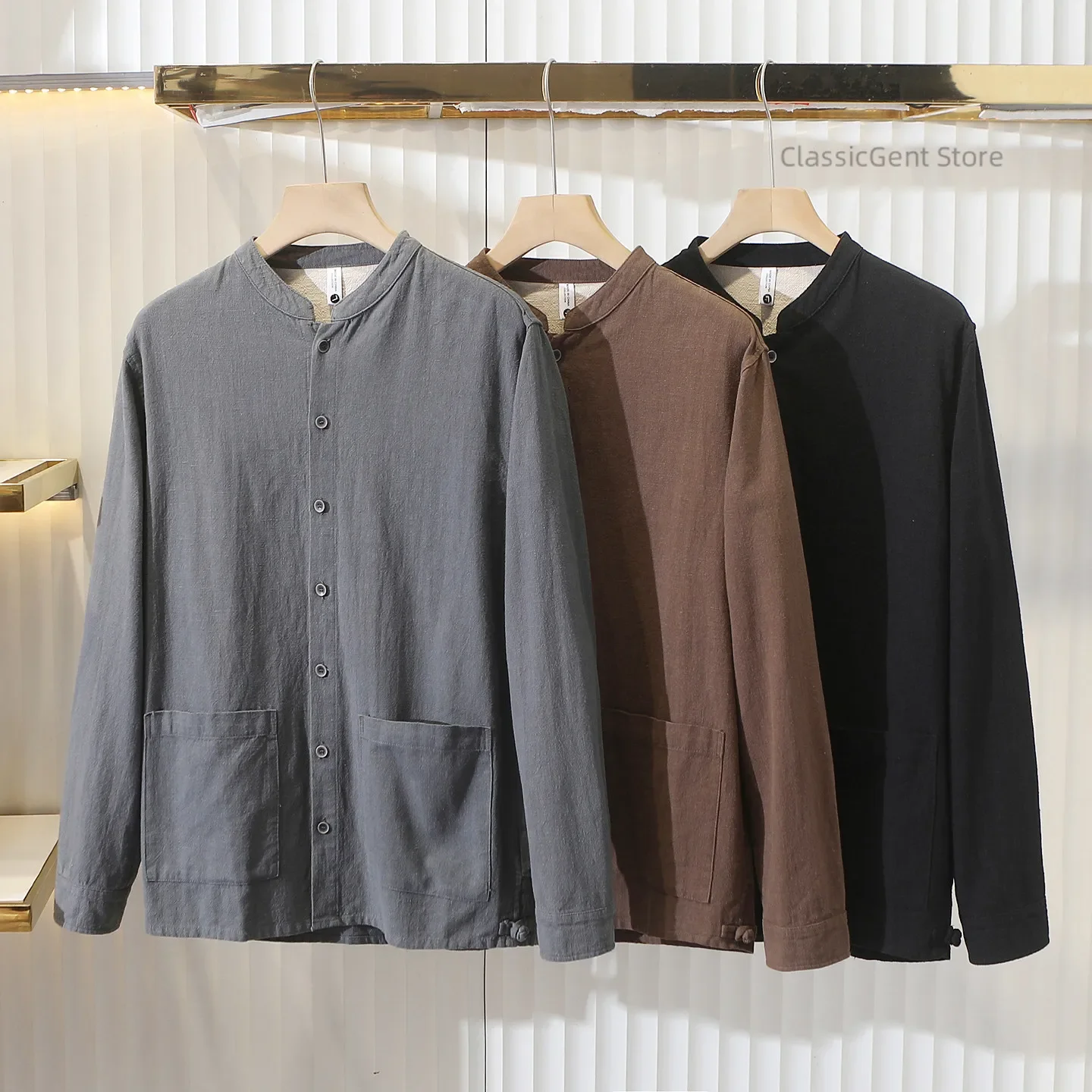 Classic old money style, natural antibacterial ramie cotton men's sweat-absorbing and breathable small stand-up collar jacket