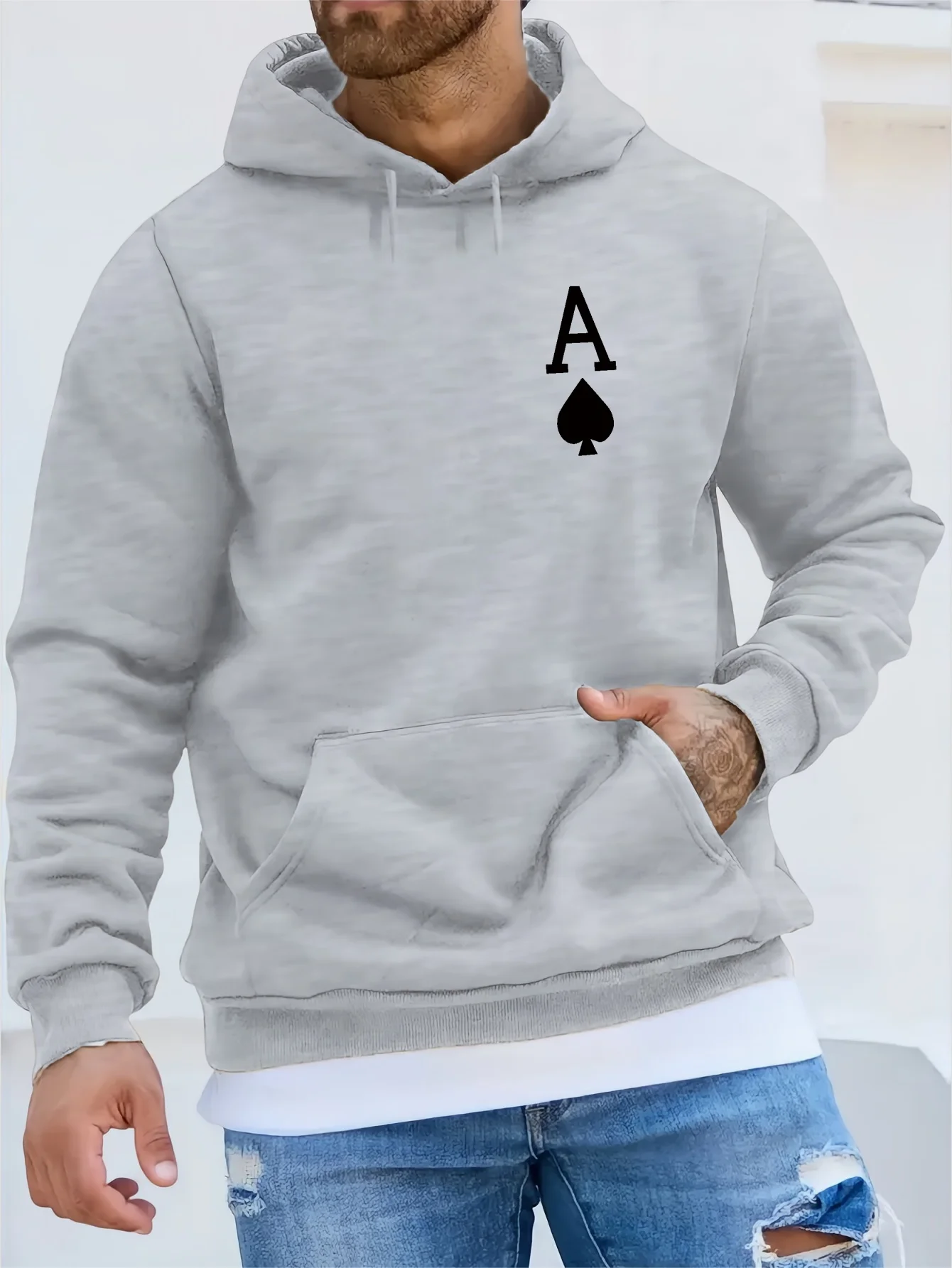 Cool Poker Spade A Graphic Casual Sweatshirt with Kangaroo Pocket, Autumn Winter Long Sleeve Hoodie Pullover for Men