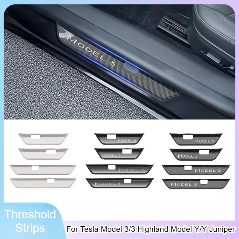 Front Rear Door Sill Wrap Cover for Tesla Model 3 Highland Model Y Juniper Anti Scratch Stainless Steel Door Sill Strip Plate