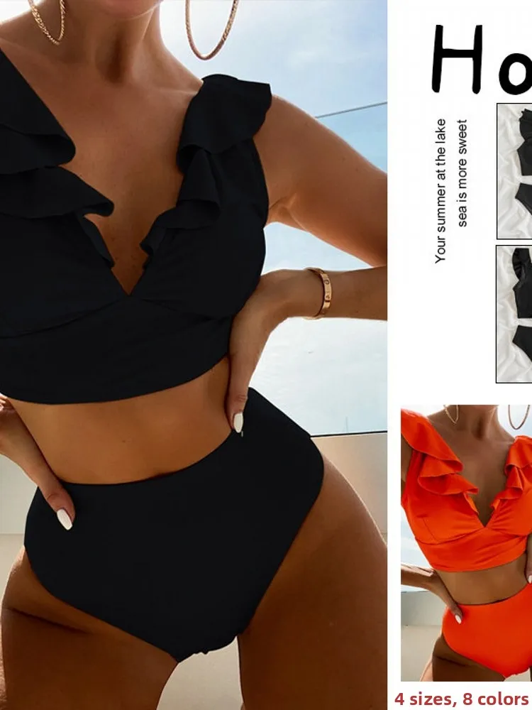 

Fashionable Pure Color Bikini Women's Swimsuit Split Design Sexy Lace Trim Casual Surfing Suit with Chest Pad No Steel Support