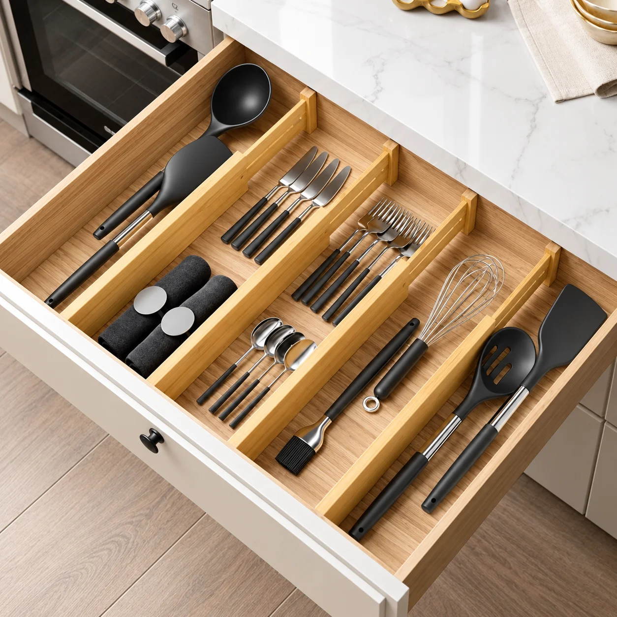 4PCS Bamboo Drawer Organizers, Expandable Adjustable Drawer Dividers, Kitchen Utensil Storage Separators, Bedroom Dresser Compartments, Bathroom Vanity Organization, Closet Clothing Storage and Office Desk Drawers, Home Storage Organization
