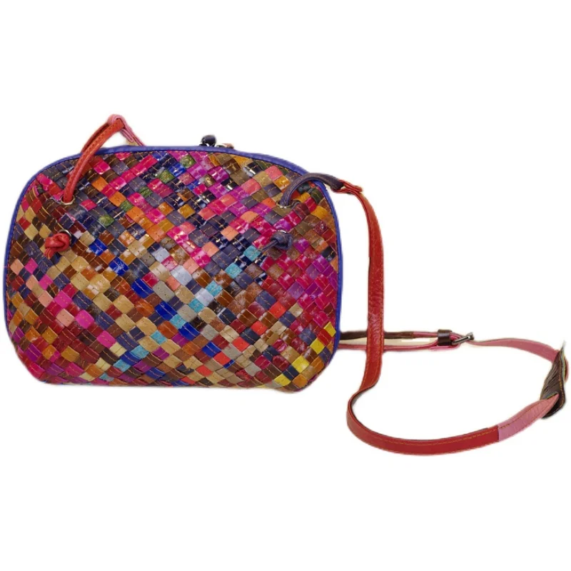 Retro Ethnic Style Casual Versatile Trendy Smooth Leather Stripe Woven Single Shoulder Zipper Sheepskin Small Bag