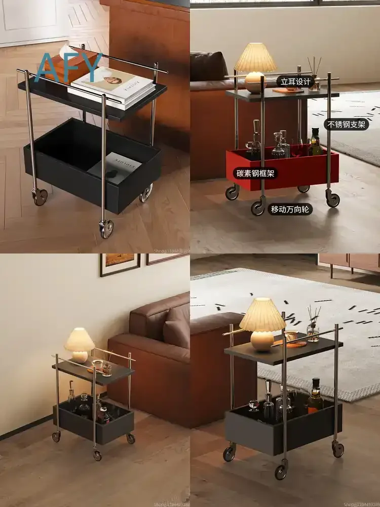 Vintage Stainless Steel Utility Cart for Living Room Kitchen Snack Organizer Mobile Retro Storage Trolley Minimalist Side