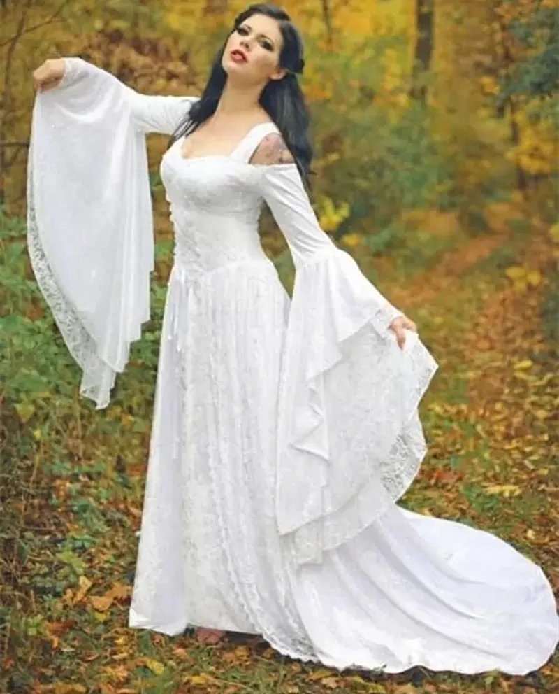 Period Elven white Wedding Dress Off Shoulder Long Puffy Sleeves Lace Corset Bride Gowns Vintage Renaissance Costume Customized