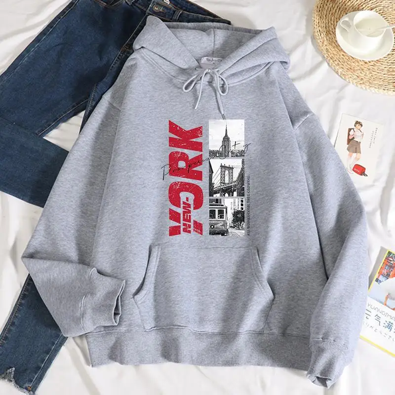 

Fashion Womans Hoodies New York City Pattern Printing Sweatshirts Fleece Comfortable Pocket Pullovers Autumn Winter Streetwear