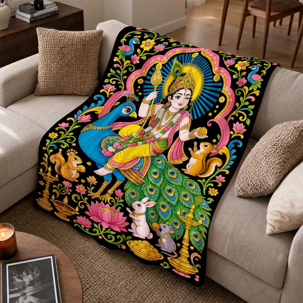 Luxury Indian Goddess Peacock Print Throw Blanket for Sofa Couch Decor Hindu Mythology Ethnic Tapestry Home Decor Living Room Ac