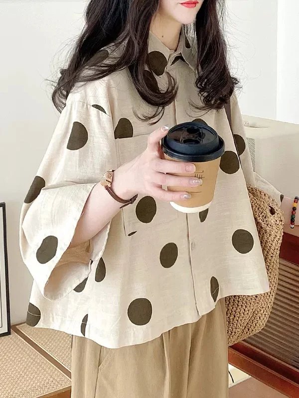 

Loose Cotton Linen ort Sve irt Women's plus Size Spring Summer New Sle Korean Japanese Sle Polka Dot Top