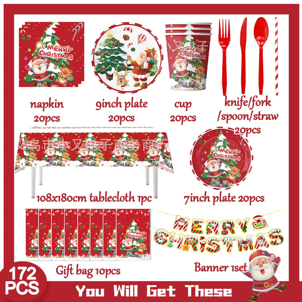 

2026 Christmas Theme Party Decorations Santa Claus Elk Disposable Tableware Set Merry Christmas Background Red Cup Plate Napkin