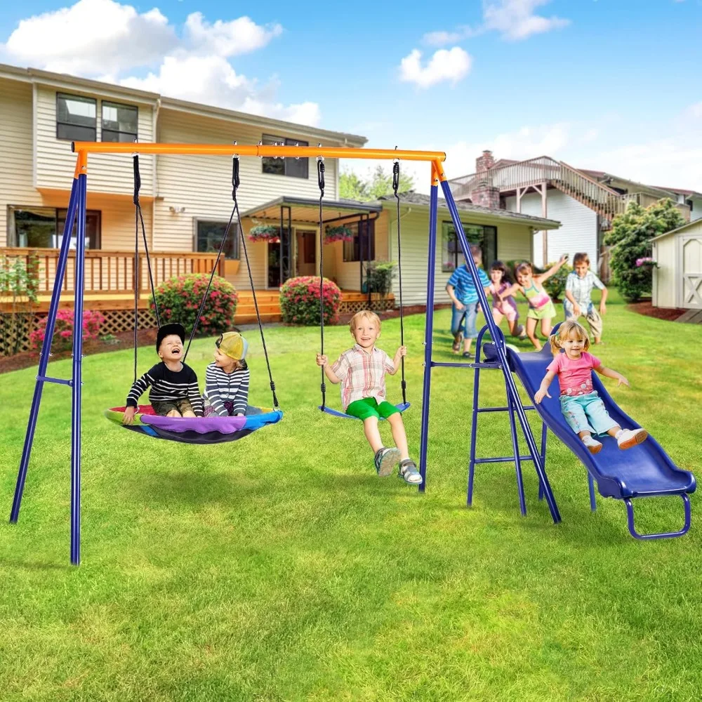 

Swing Set for Backyard with Kids Slide 440lbs Swing Set with Heavy-Duty Metal A-Frame Outdoor Swing Set