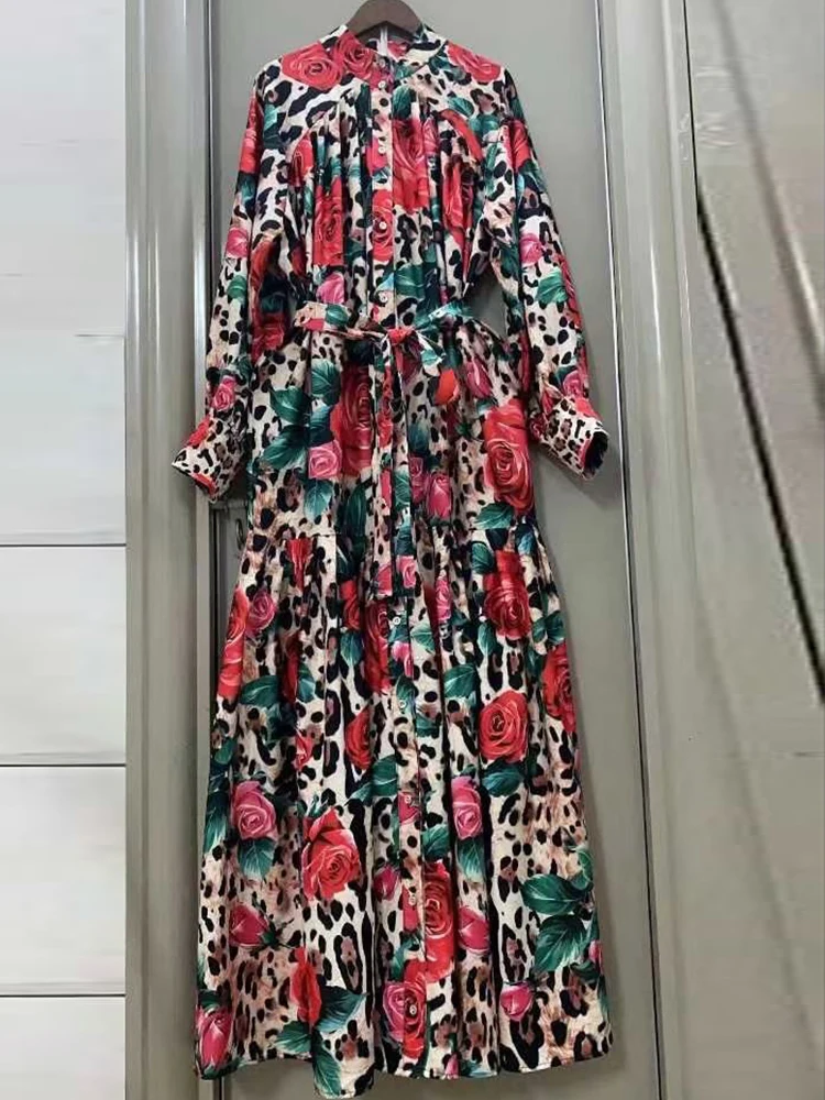 Fashion, luxury, temperament, long-sleeved lace-up printed dress, spring new women's casual and loose slim long dress.