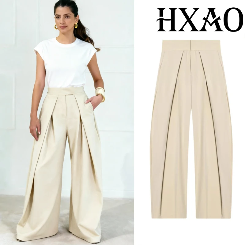 HXAO Women's Wide Trousers Pleats Baggy Suit Pants For Woman Spring Office Work Beige Pants High Waist Oversize Wide Leg Pants