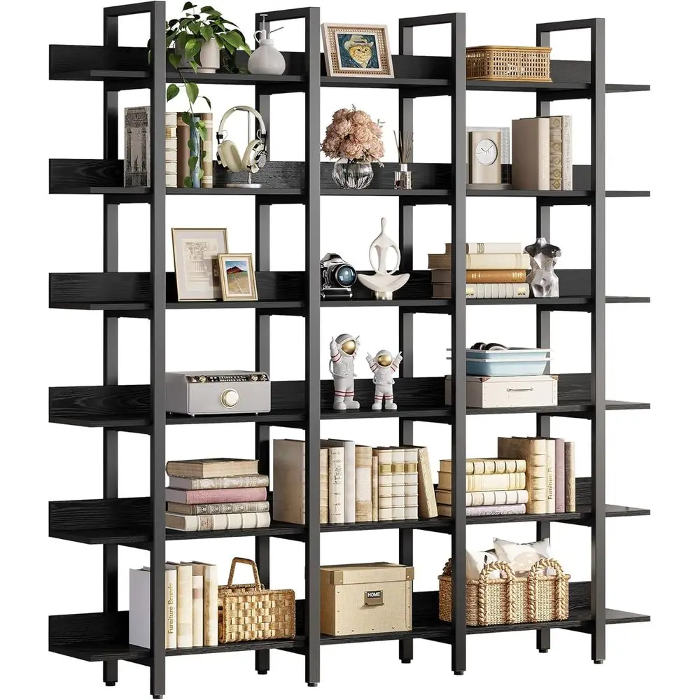 Bookcase and Bookshelves Triple Wide 6 Tiers Large Open Shelves, Etagere Bookcases with Back ence or Home Oice Decor, Eas