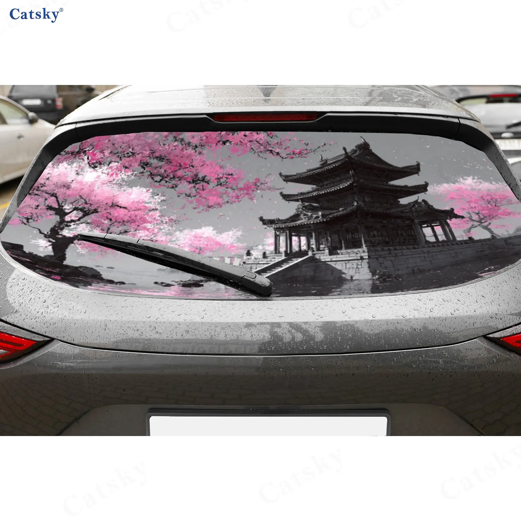 Japanese Cherry Blossom Temple PVC Perforated Car Rear Window Vinyl Wraps, Durable Waterproof Car Rear Windshield Sticker