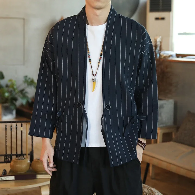 Chinese Style Spring New Men's Striped Retro Cardigan Hanfu Cotton Linen Loose Kimono Taoist Robe Japanese Kimono Cardigan
